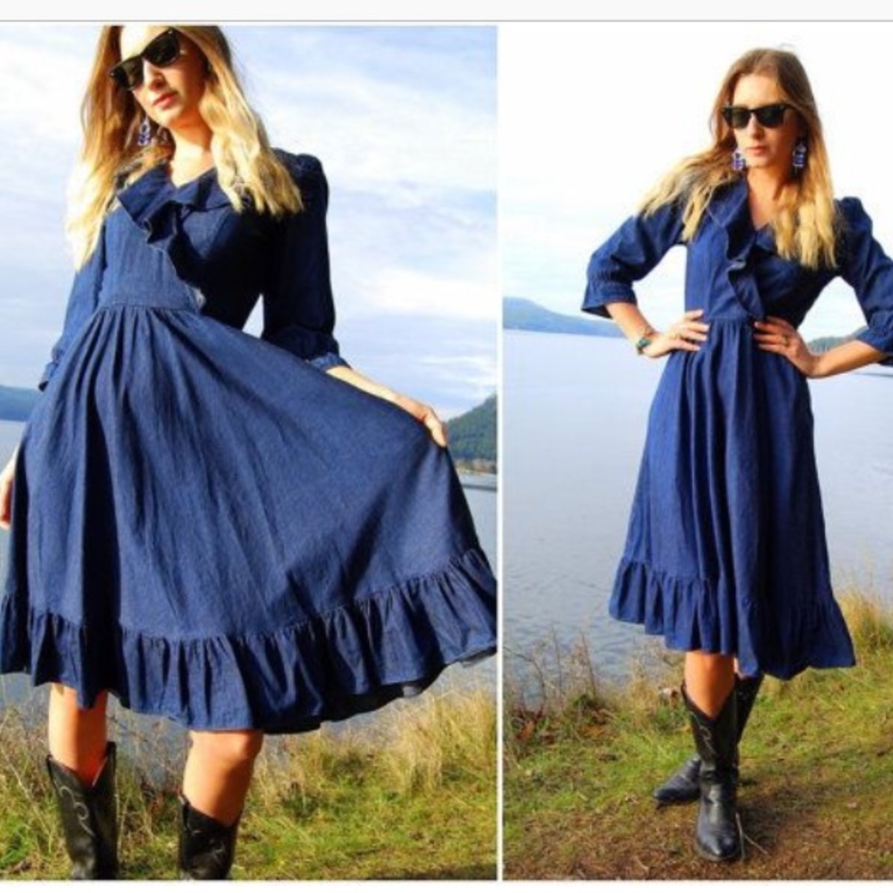 Vintage chic denim mid length dress